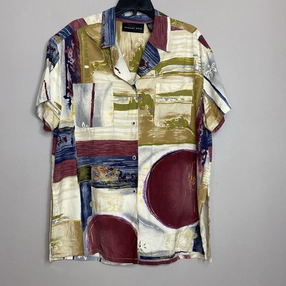 AUGUST SILK MULTI COLOR PRINT SHORT SLEEVE BUTTON UP SHIRT TUNIC TOP 100% SILK L - Picture 1 of 15